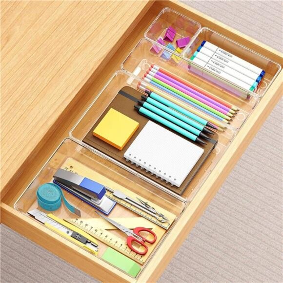 Clear Drawer Organizer Set 12 Plastic Storage Bins Kitchen Bathroom Desk - Picture 4 of 7